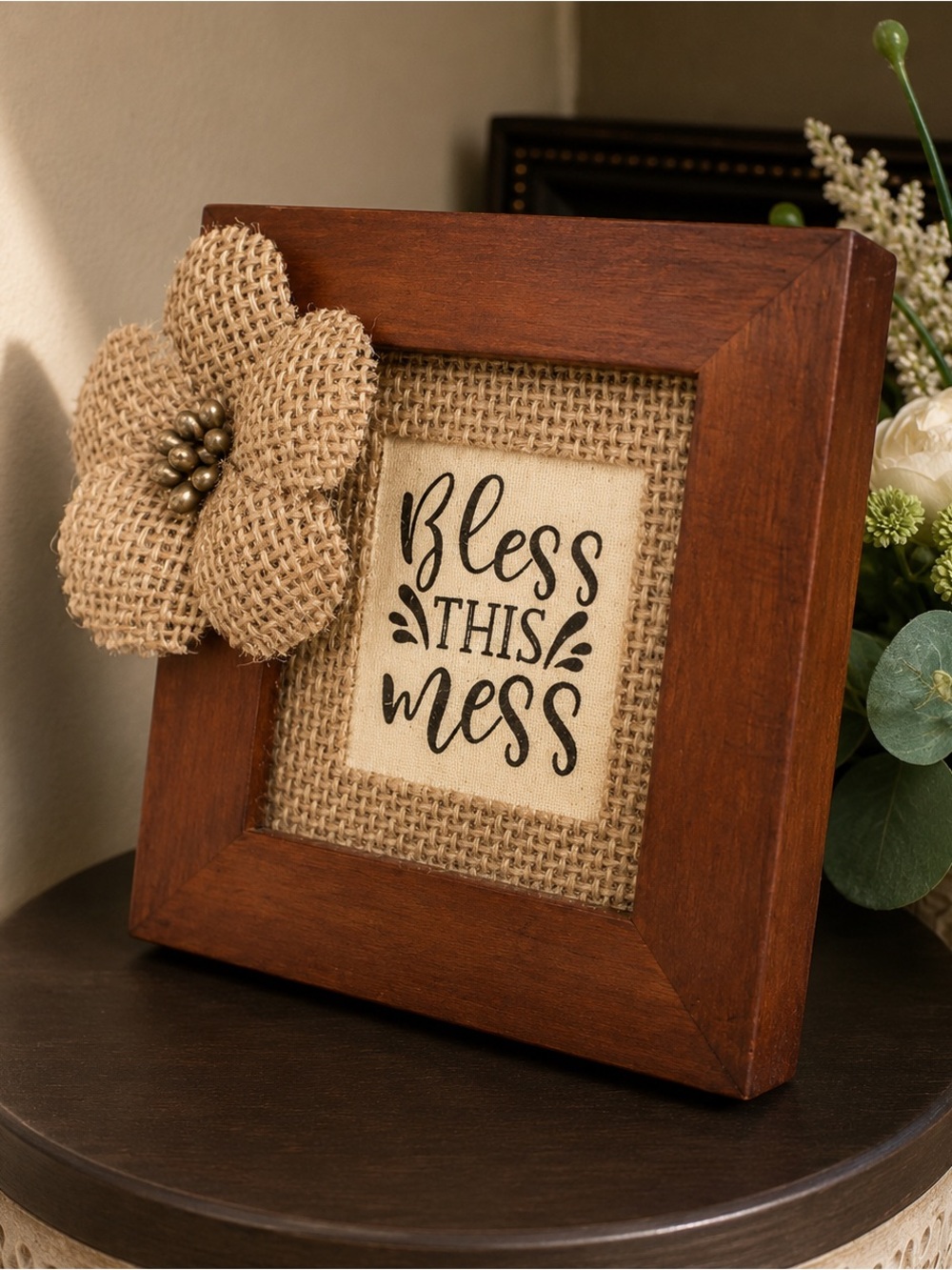 “Bless this Mess” In New Walnut Frame with Rustic Burlap Mat (Version 1) - Picture 2 of 3